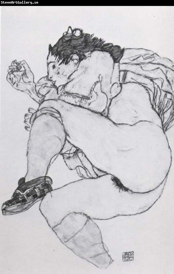 Egon Schiele Recumbent Female Nude with left leg drawn up